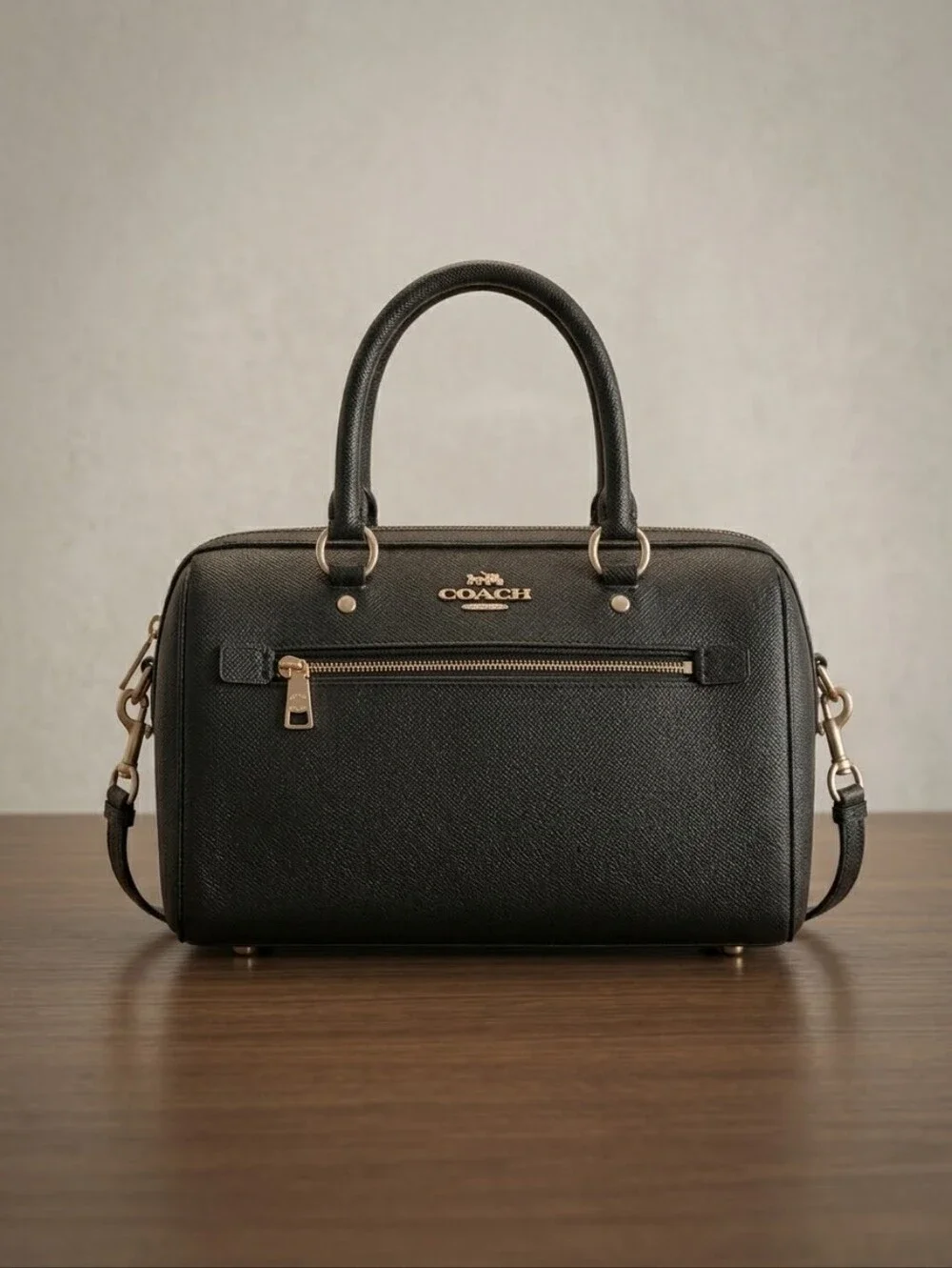Coach Rowen Black Leather Dome Satchel with Gold Hardware